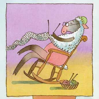An illustration of a sheep in a rocking chair knitting from the fleece on her body.