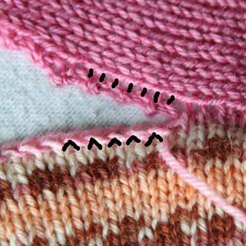 A partially sewn seam joining a bind-off edge to a selvedge edge; place drawn lines indicate the stitches as described in the tutorial.