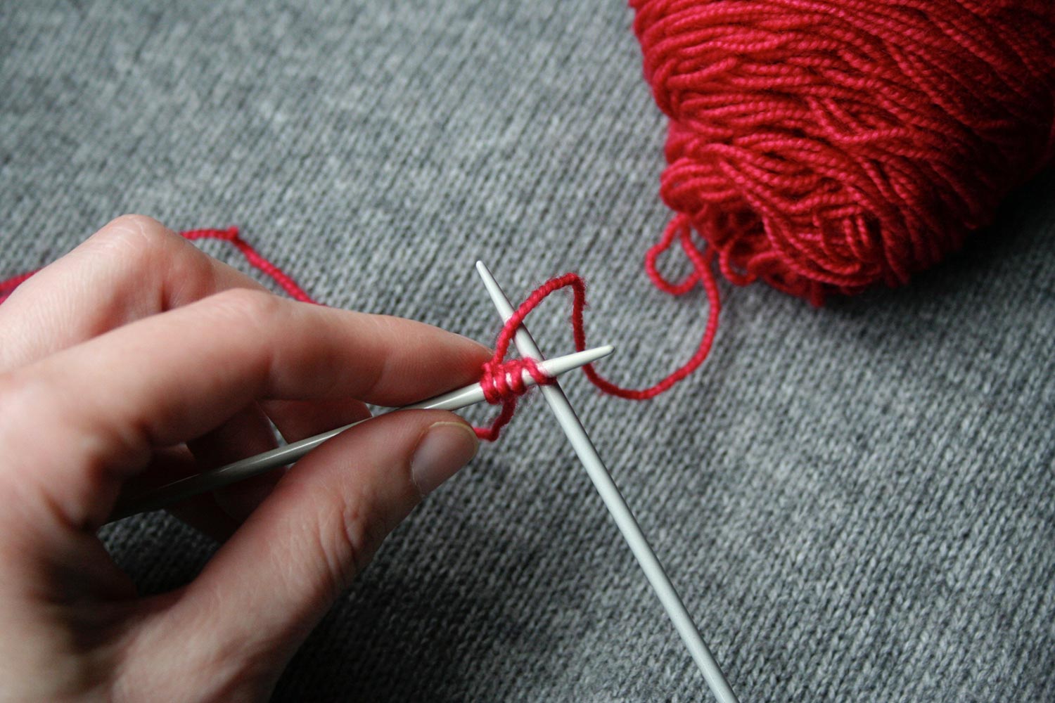 Right needle inserted knitwise into first stitch on left needle.
