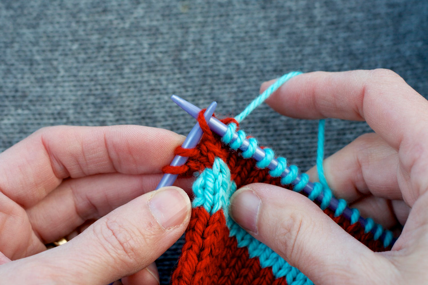 Right needle is knitting into the back of the stitch on the left needle.