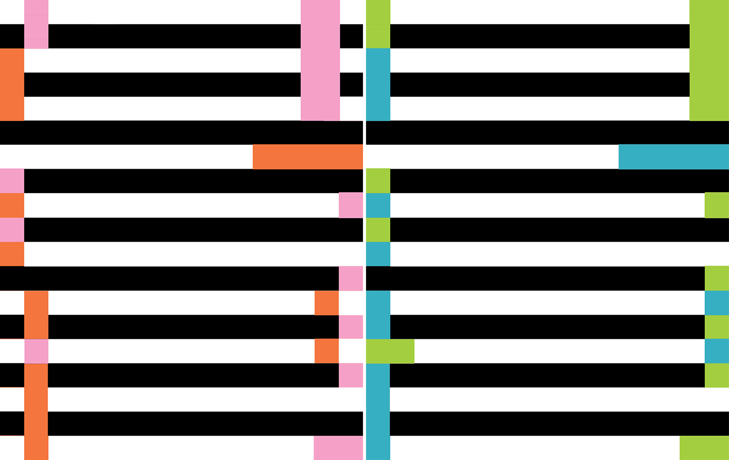 Two colourway options for the Modern Art baby blanket; both in black and white; one with pink and orange and the other with green and turquoise.