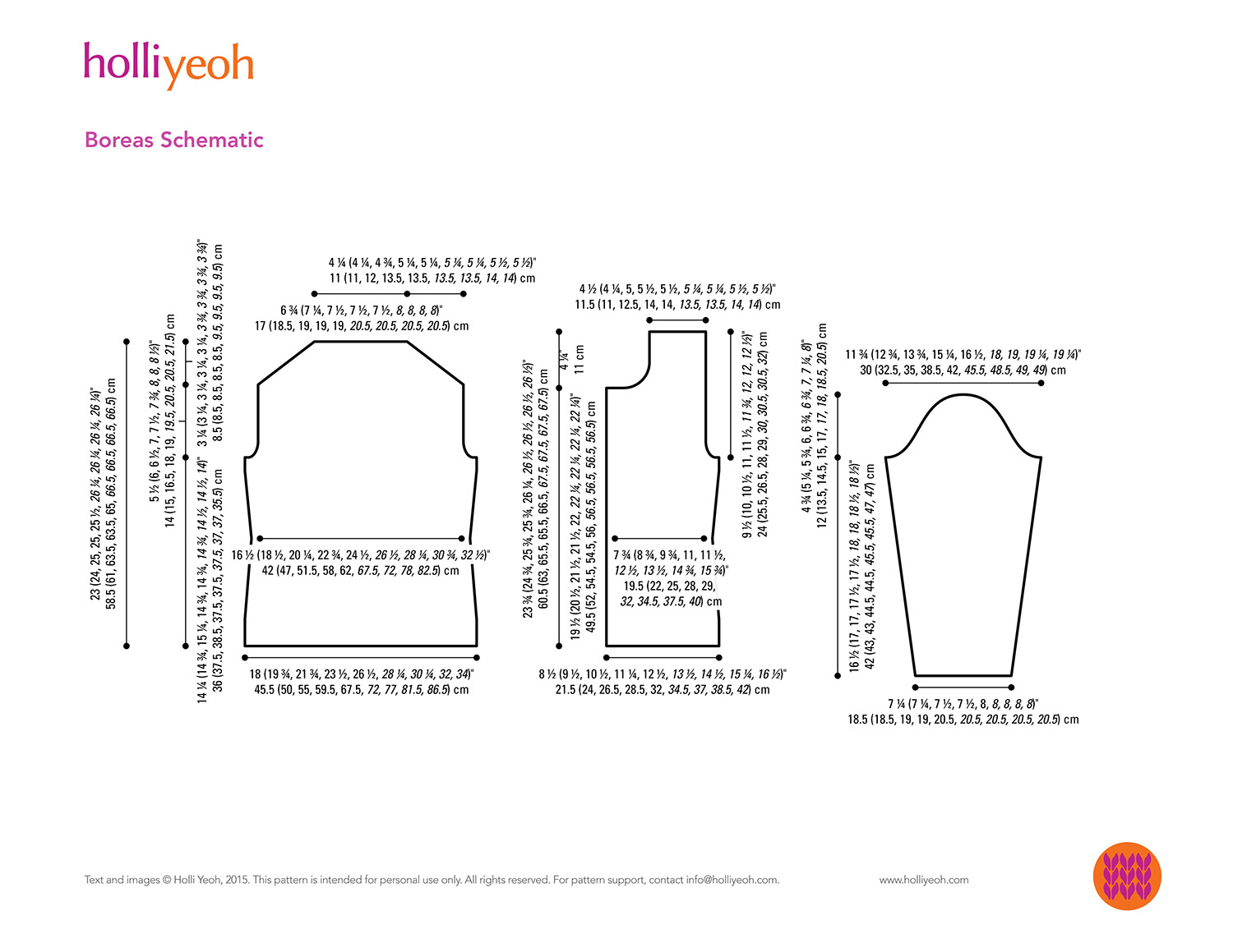 Line drawing schematic of sweater pattern with detailed measurements in both inches and cm.