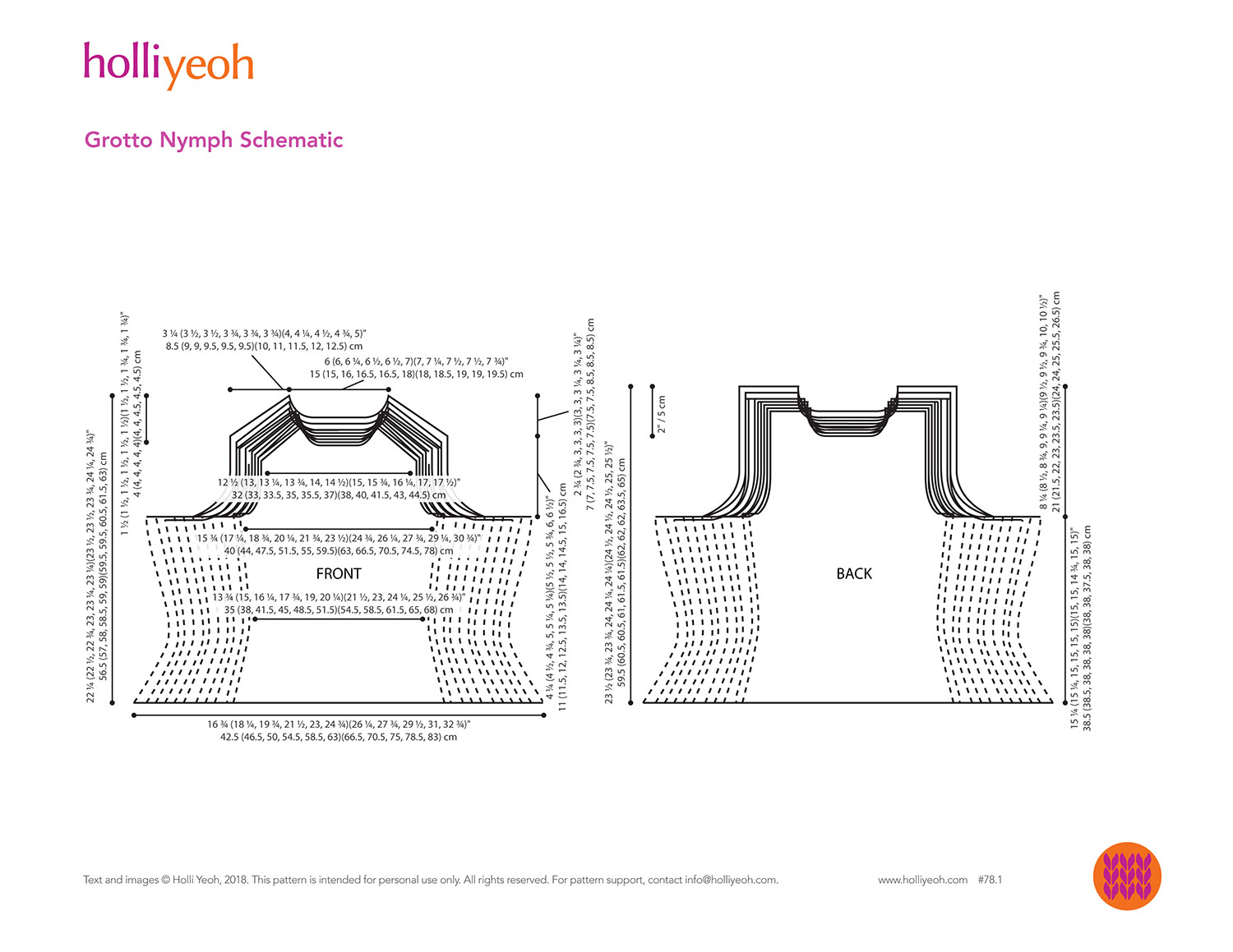 Line drawing schematic of sweater pattern with all sizes laid one on top of the other and detailed measurements in both inches and cm.
