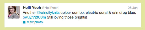 Tweet: Holli Yeoh. Another @raincityknits colour combo: electric coral & rain drop blue. Still loving those brights!