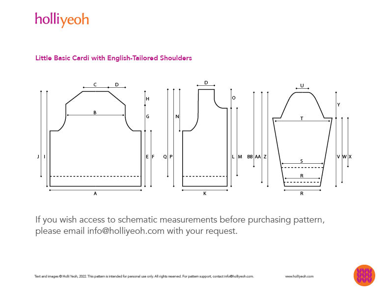 Line drawing schematic of cardigan pattern with invitation to contact Holli for measurements if desired.