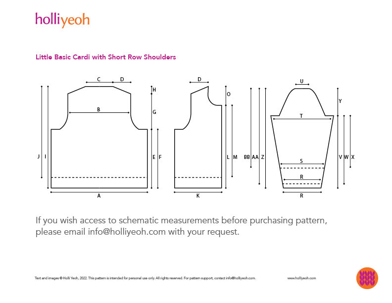 Line drawing schematic of cardigan pattern with invitation to contact Holli for measurements if desired.