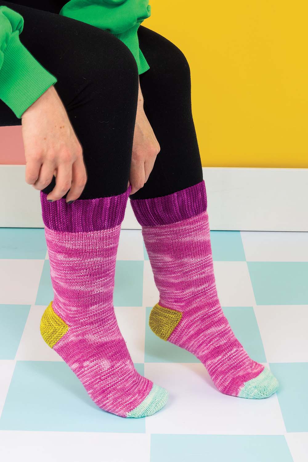 Stockinette stitch socks with garter stitch cuffs and heels.