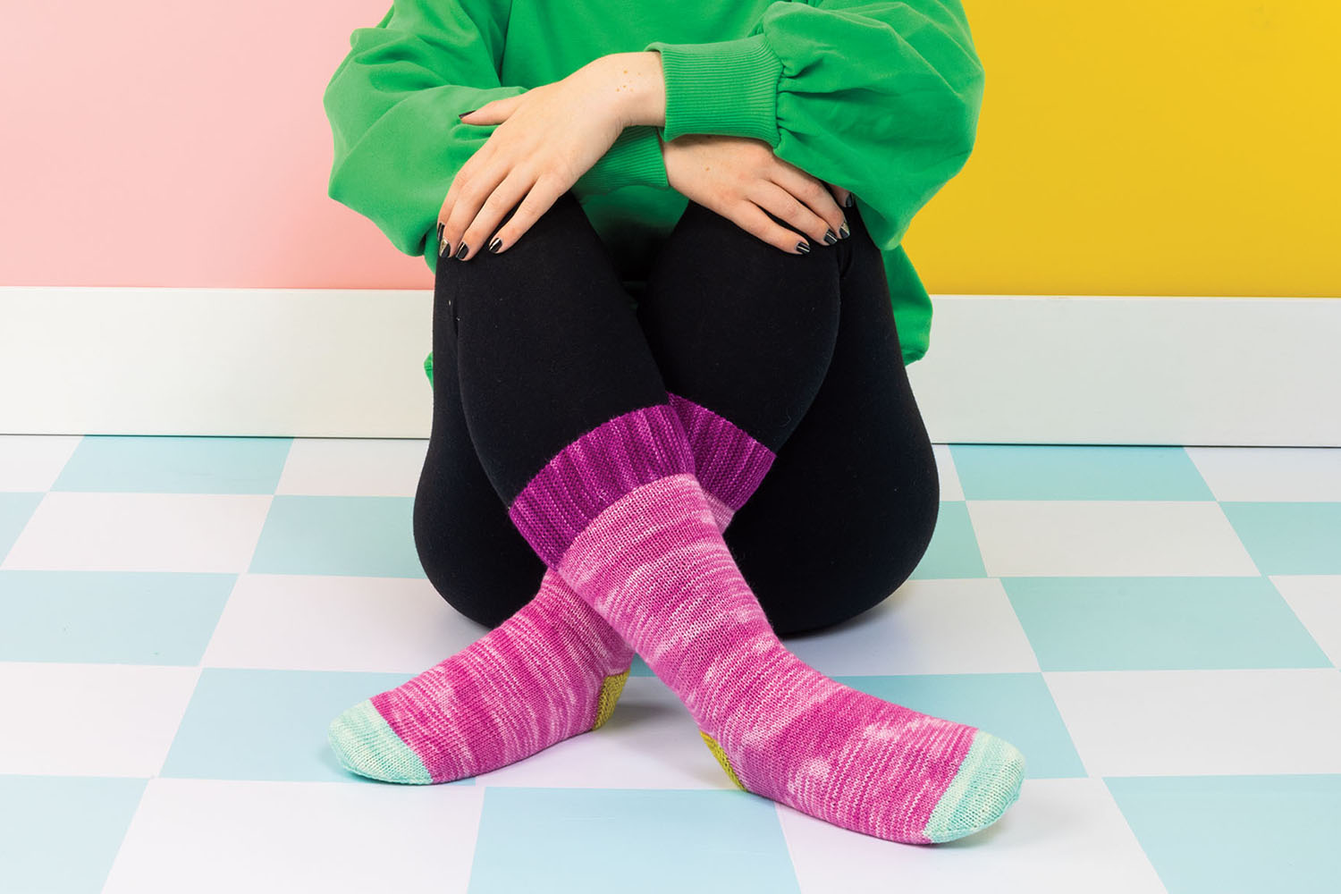 Stockinette stitch socks with garter stitch cuffs and heels.