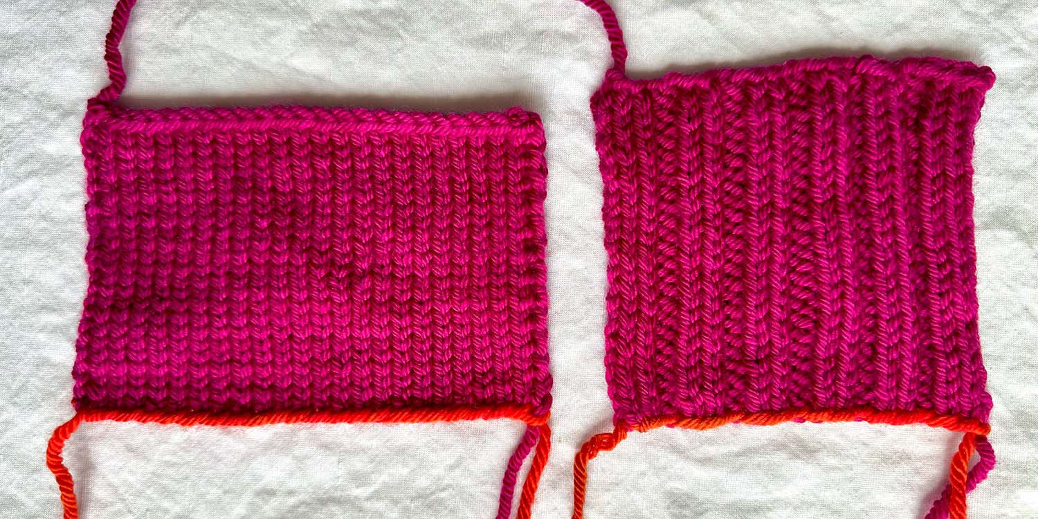 Stocking stitch and ribbed swatches side by side with right side facing showing foundation row in orange, representing the tail of the cast on.