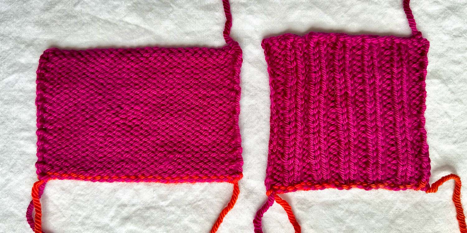 Stocking stitch and ribbed swatches side by side with right side facing showing purl bumps of foundation row in orange, representing the tail of the cast on.