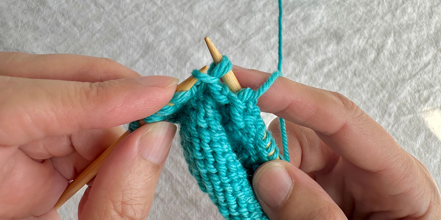 Left needle is inserted into stitch in row below last twin stitch on right needle.