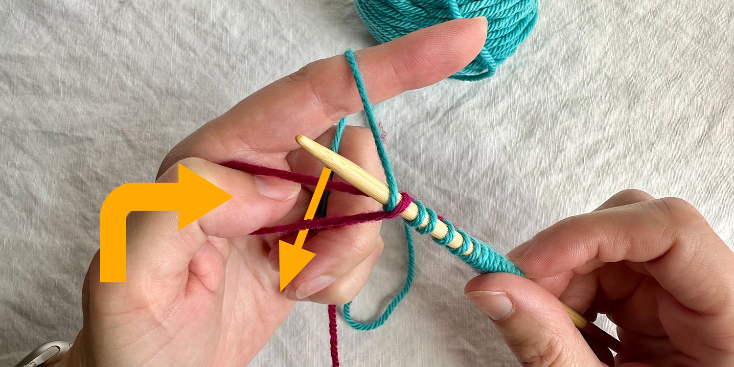 Thumb bent towards centre of fist with directional arrow and another directional arrow indicating needle should go through thumb loop.