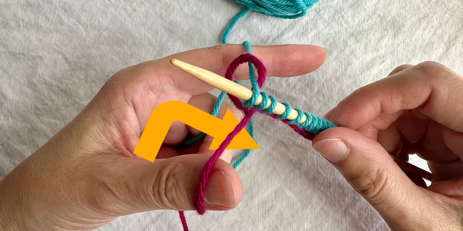 Thumb is slipped under thumb loop yarn from behind moving left to right.