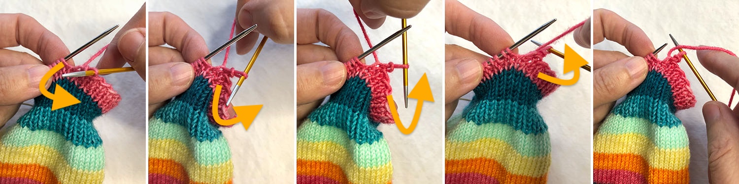 Five photos showing path right needle takes as it rotates 360 degrees counter-clockwise.