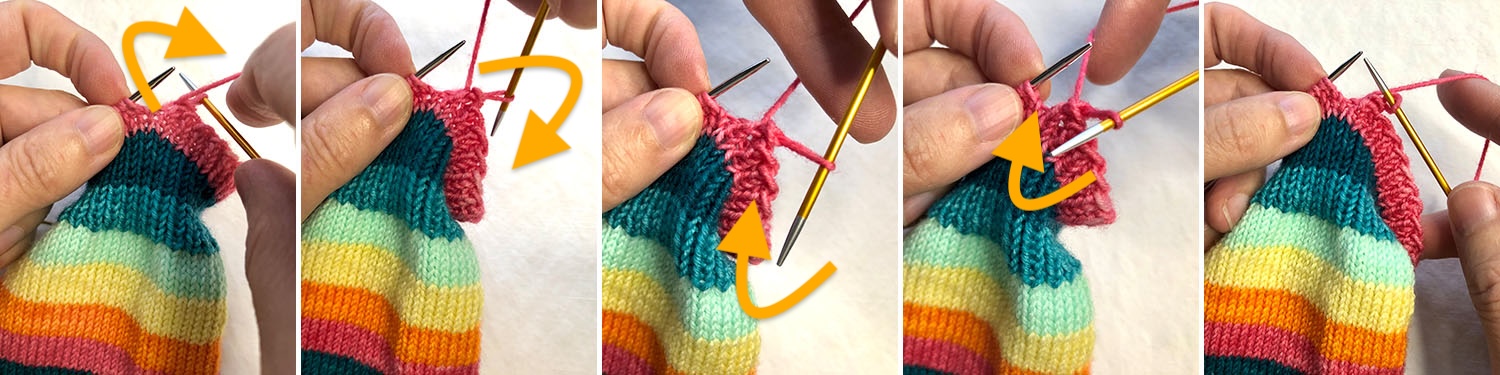 Five photos showing path right needle takes as it rotates 360 degrees clockwise after binding off a purl stitch.